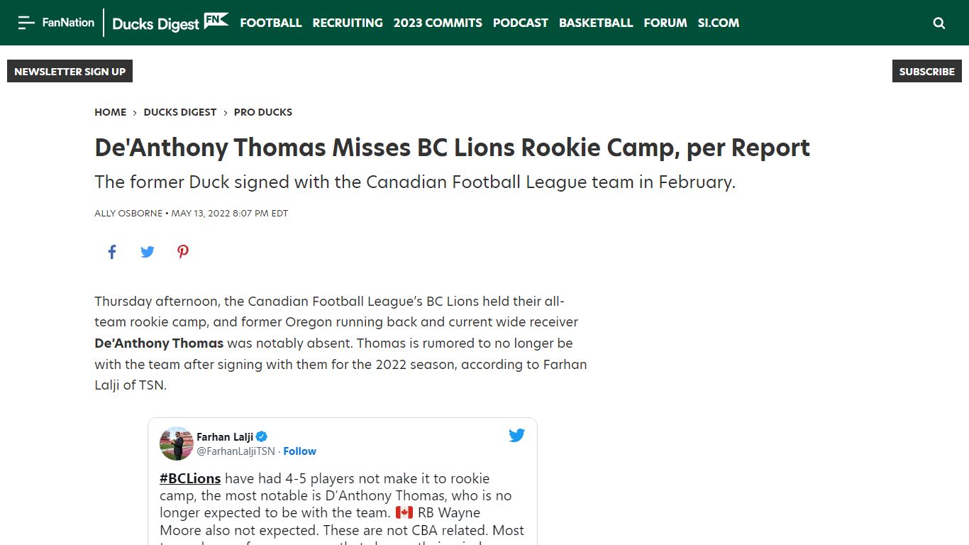 De'Anthony Thomas Misses BC Lions Rookie Camp, per Report